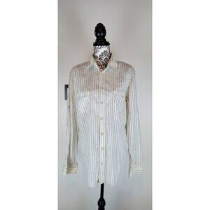 HUGO BOSS Men's Large Button Up Shirt White Striped Cotton Label Orange